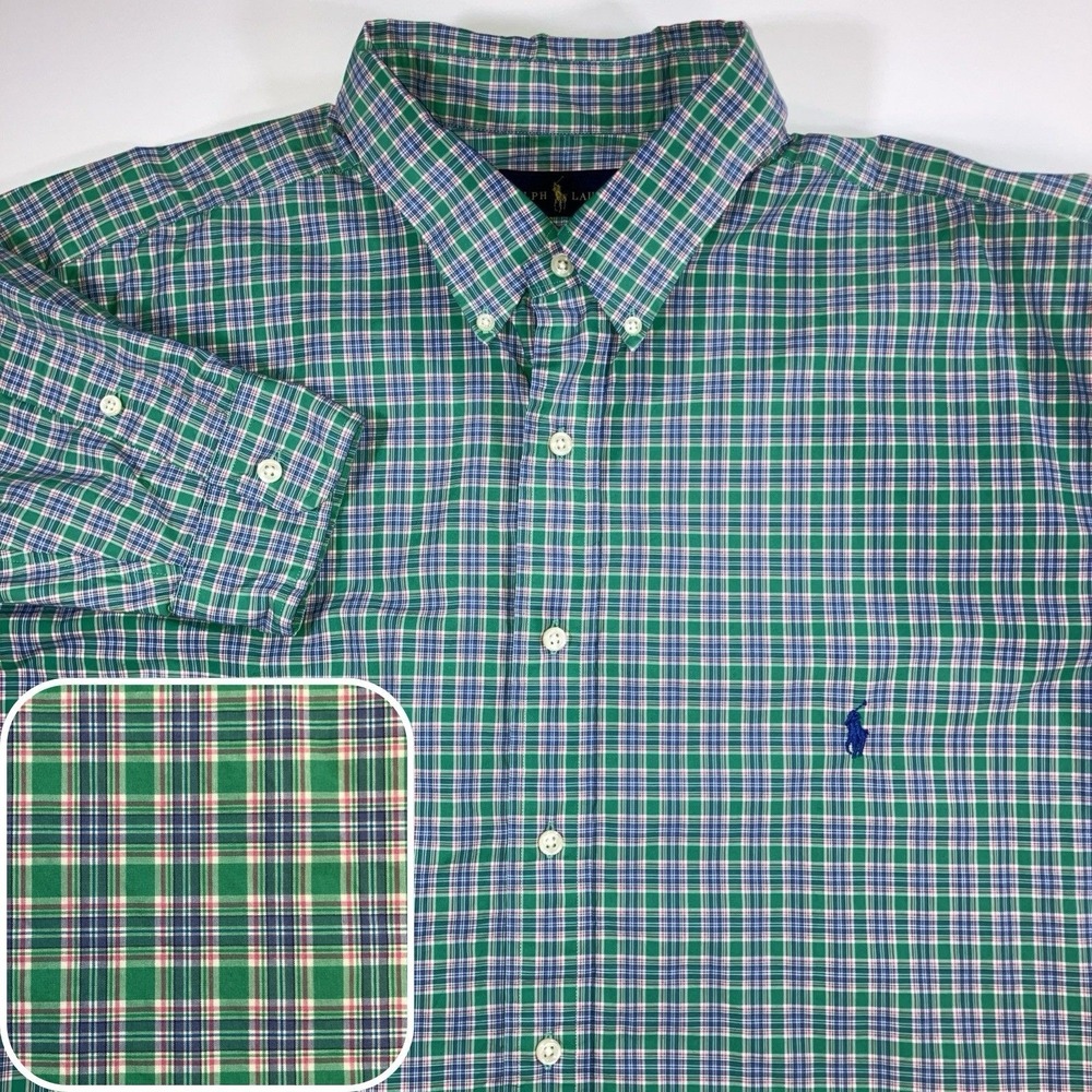 Polo Ralph Lauren Shirt 2XLT Tall Mens Button Down Green Blue Tartan Plaid Pony